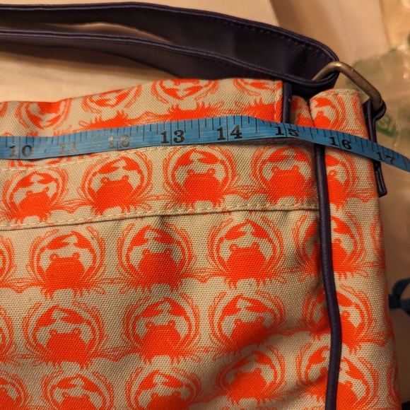 Sarah Watts crabby orange pattern messenger bag with blue leather strap - Picture 13 of 15